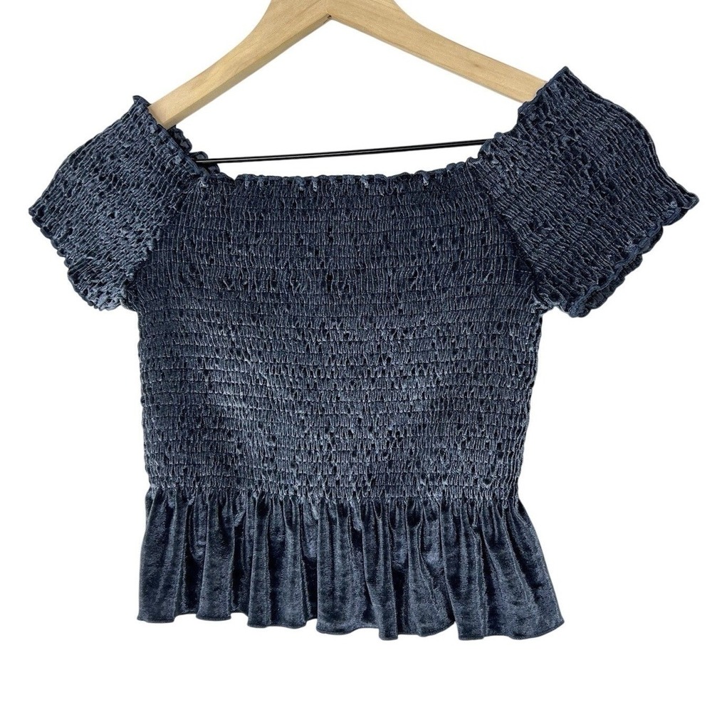 River Island Blue Smocked Off Shoulder Crop Top Ruffle Stretch‎ UK 14 US 10